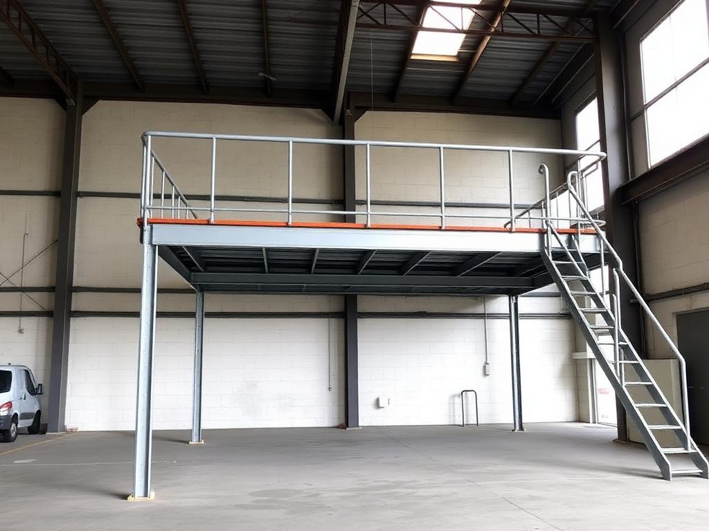 Mezanino metálico com piso em chapa xadrez e guarda-corpo instalado em galpão industrial